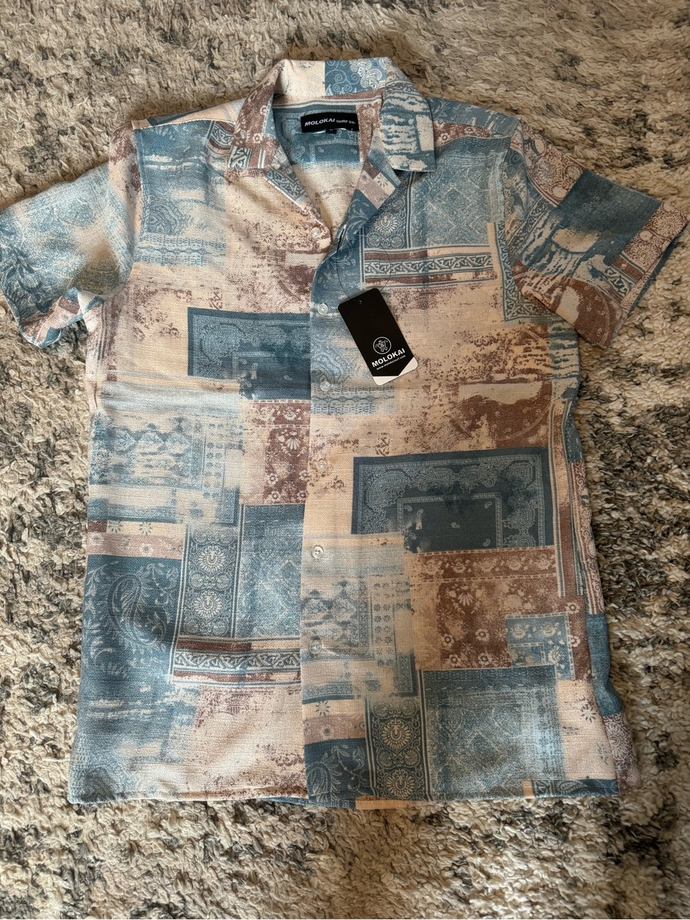 Molokai Men's Short Sleeve Patchwork Button-Down Shirt - Blue & Tan